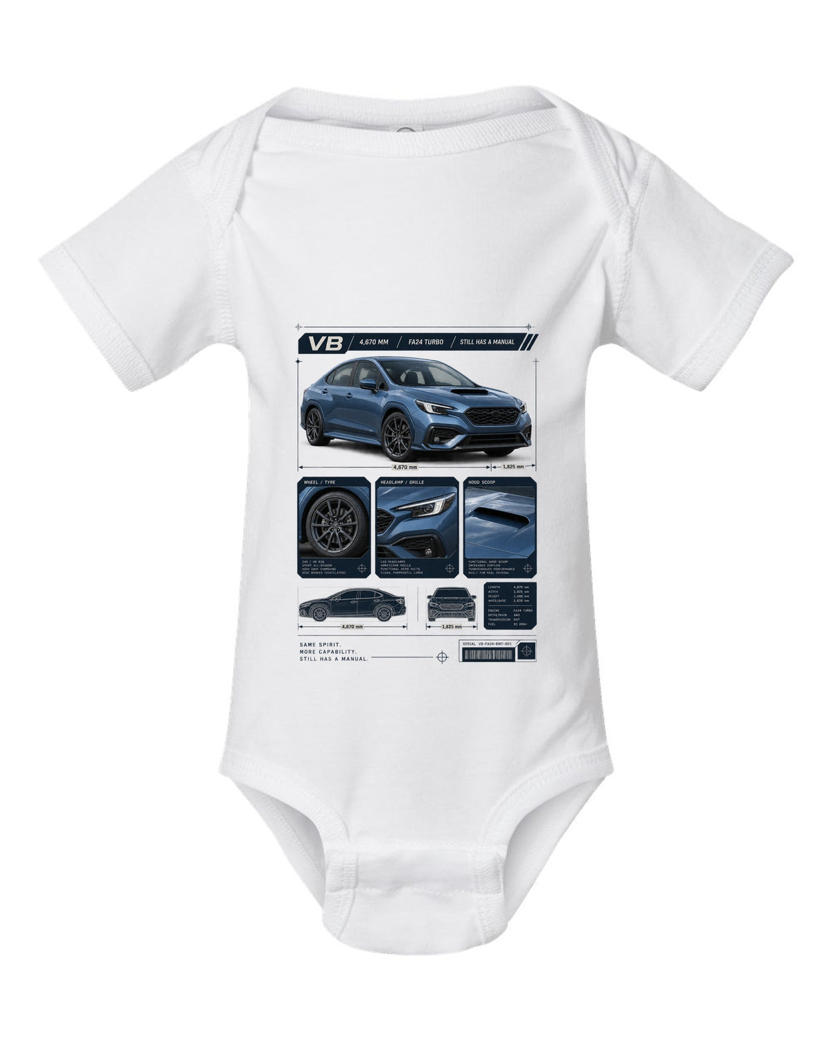 Dossier-style panel layout of a Subaru WRX VB sedan with GT and TR detail panels white baby onesie front view with the design