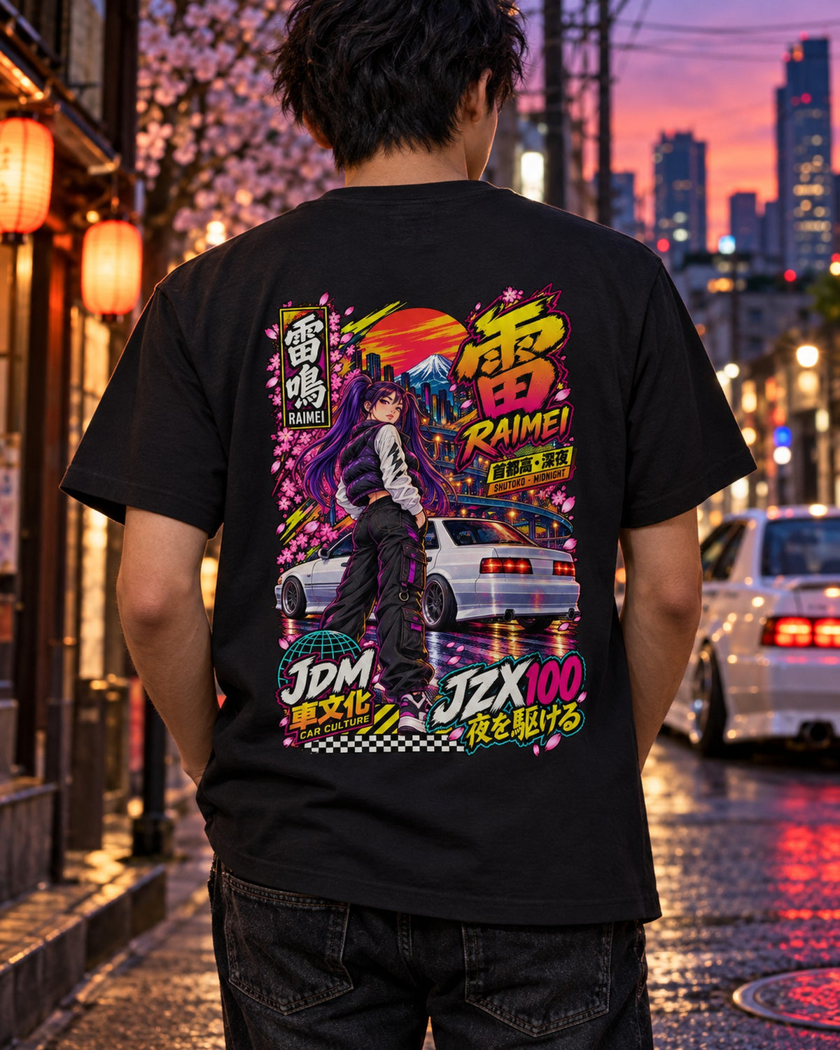RAIMEI JZX100 Anime Girl Full-Back Graphic Tee T-Shirt Black worn hero