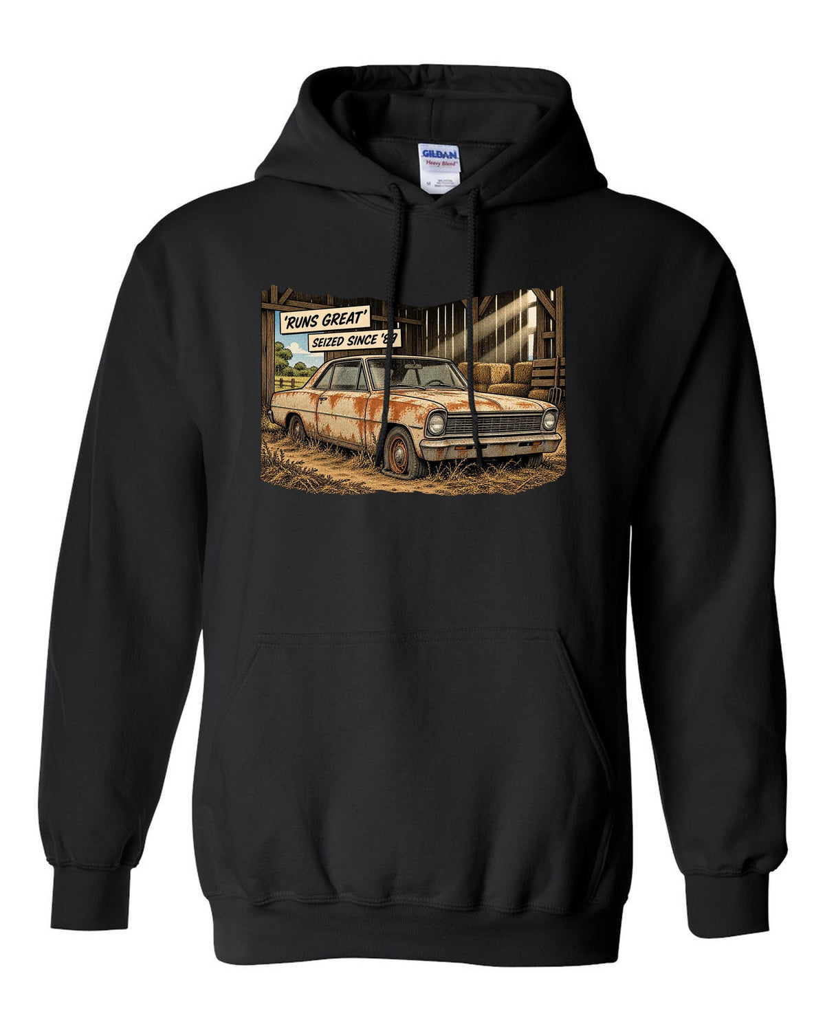 Synthwave print of a 1971 Chevelle SS 454 taillights with the text Runs Great, Seized Since '89 black pull over hoodie front view with the design