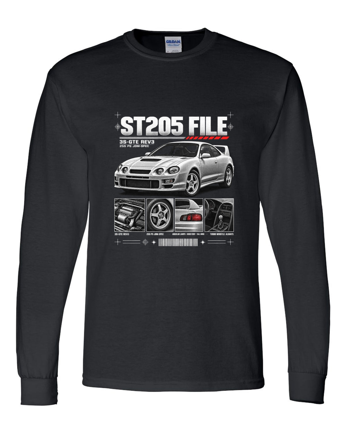 Dossier panel print of a Toyota Celica GT-Four ST205 with 3S-GTE Rev3 and 255 PS text black long sleeve front view with the design