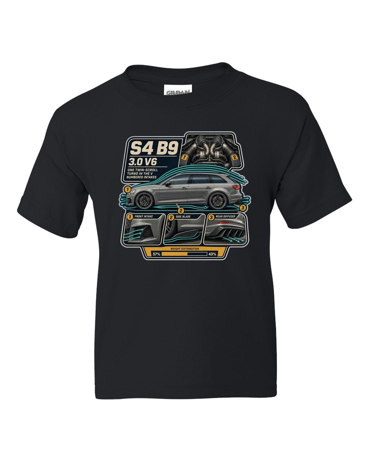 Audi S4 Avant B9 airflow cutaway with numbered intake callouts print black kids tee front view with the design