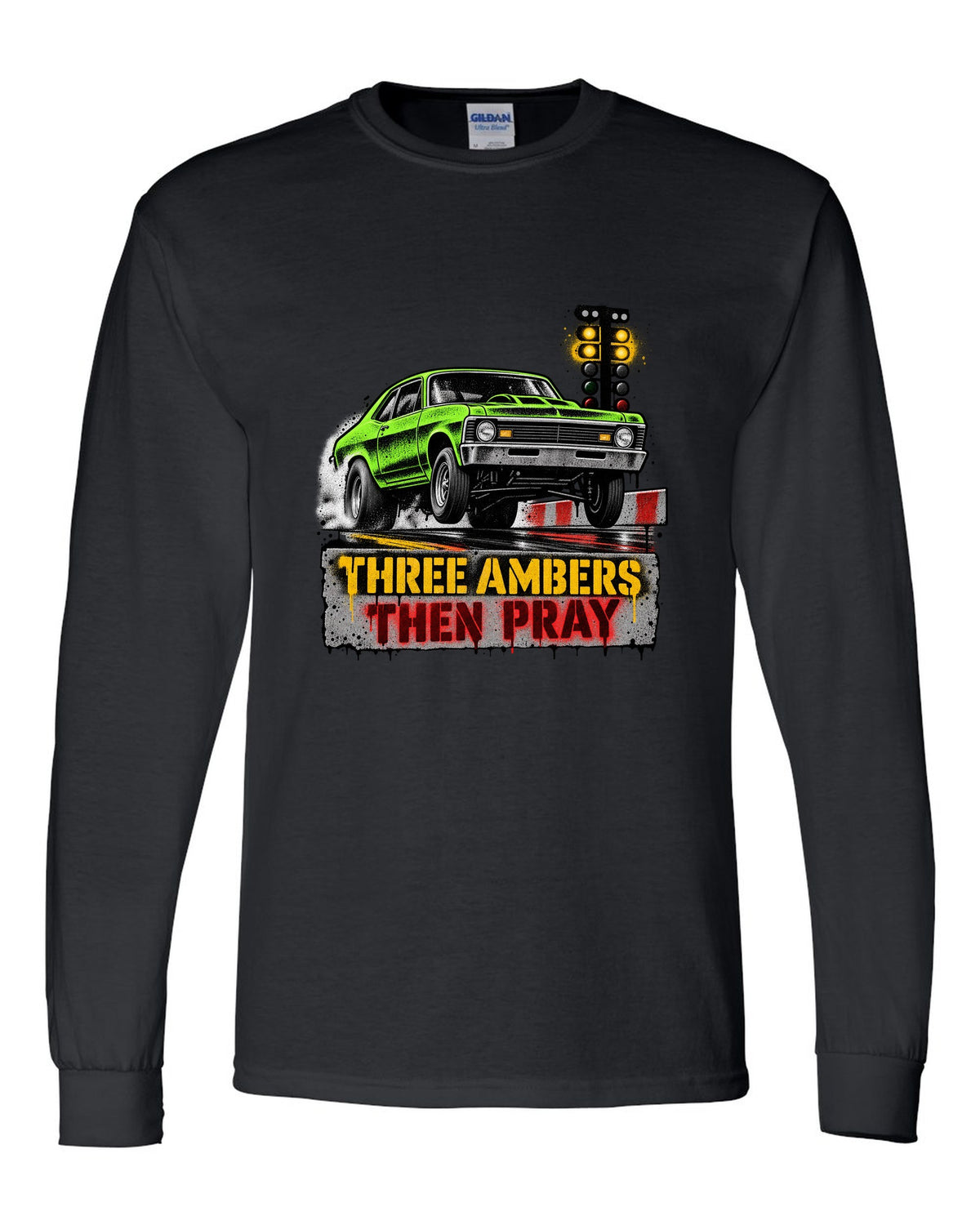 Stencil spray street art of a 1971 Chevrolet Nova at the drag strip starting line black long sleeve front view with the design