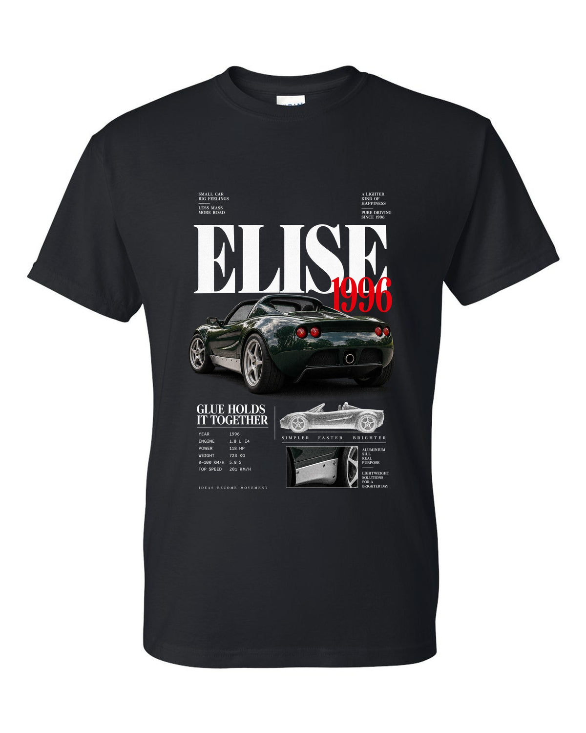 Editorial headline print for a 1996 Lotus Elise S1 with glue holds it together text black t-shirt front view with the design