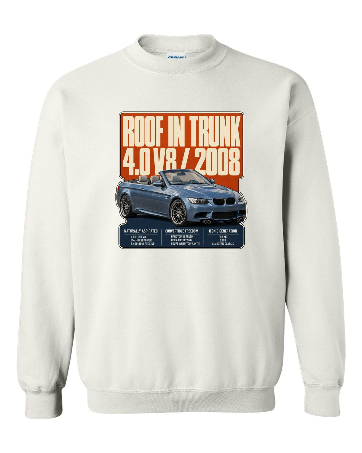 BMW M3 E93 convertible editorial headline print white crewneck front view with the design