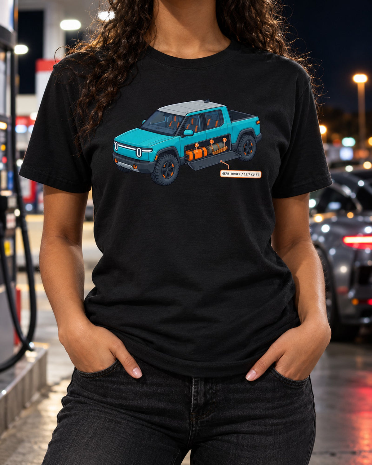 Rivian R1T Gear Tunnel Cutaway Diagram Tee, 11.7 Cu Ft T-Shirt Black worn hero