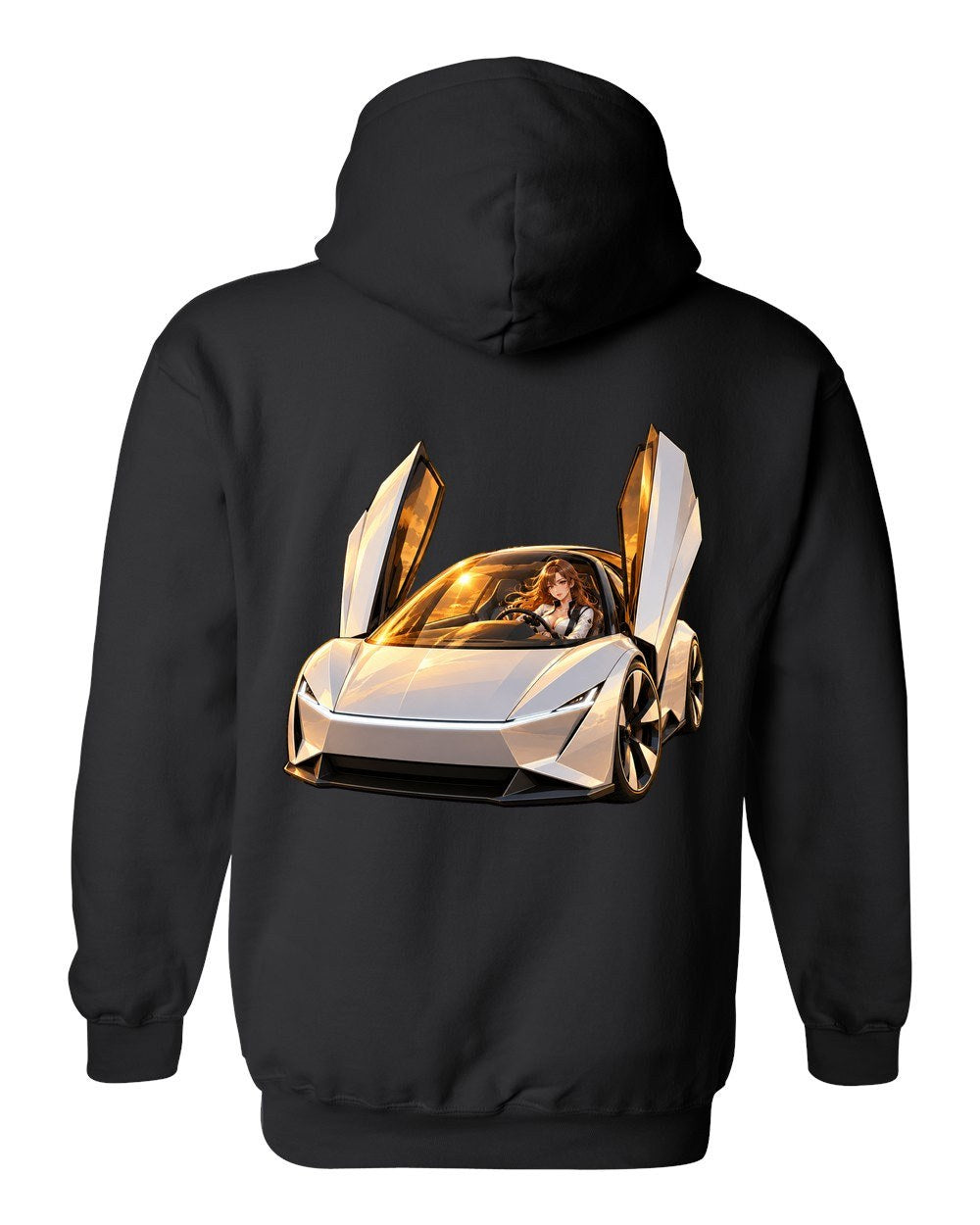 Tesla Roadster Golden Hour Anime Girl Pull Over Hoodie Black back
