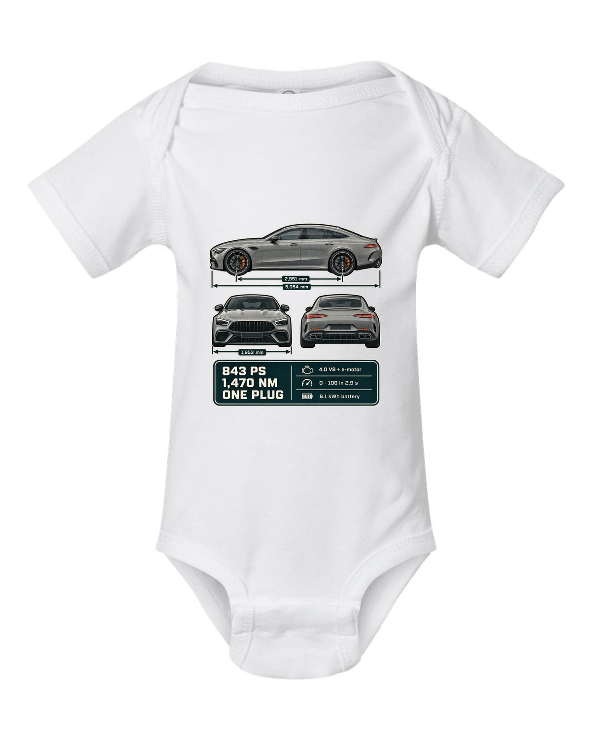 Mercedes-AMG GT 63 S E Performance 4-Door three-view warm grey print white baby onesie front view with the design