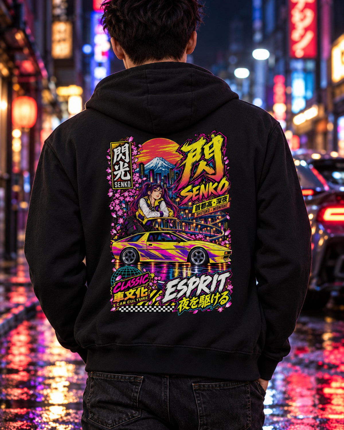 SENKO ESPRIT Anime Girl Full-Back Graphic Tee Zip Hoodie Black worn hero