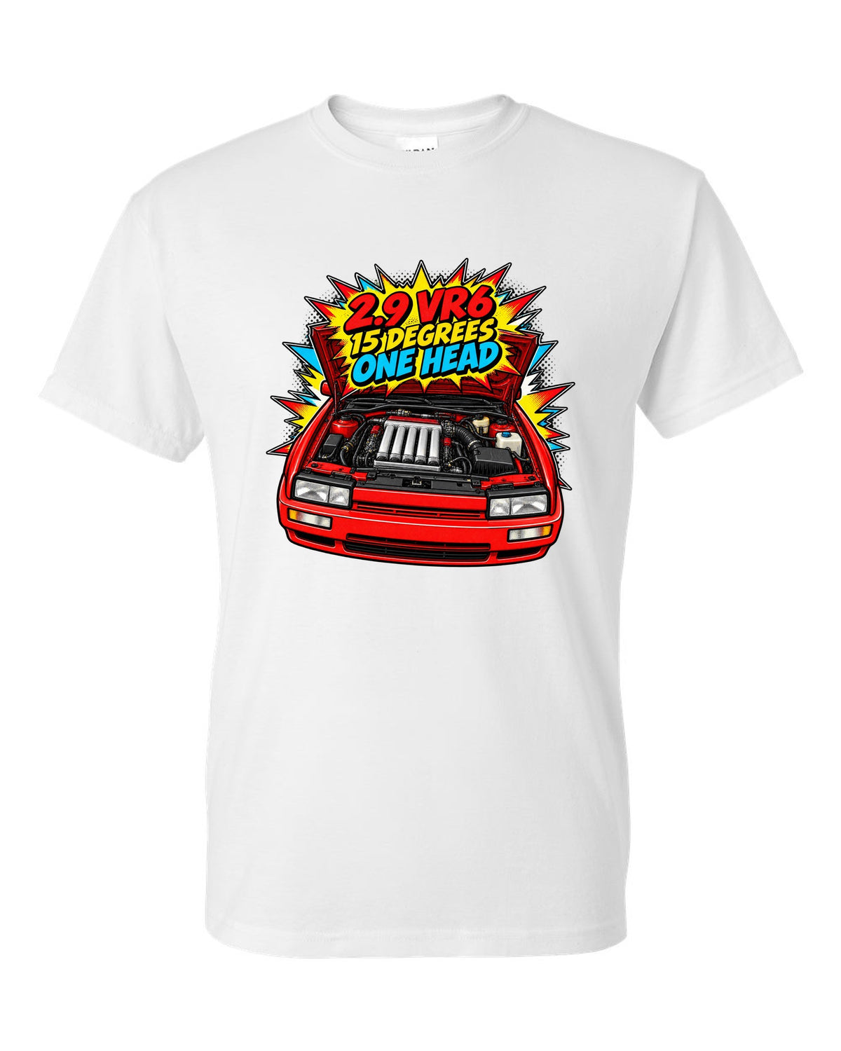 Comic halftone pop-art VW Corrado VR6 with 2.9 VR6 15 degrees one head text white t-shirt front view with the design