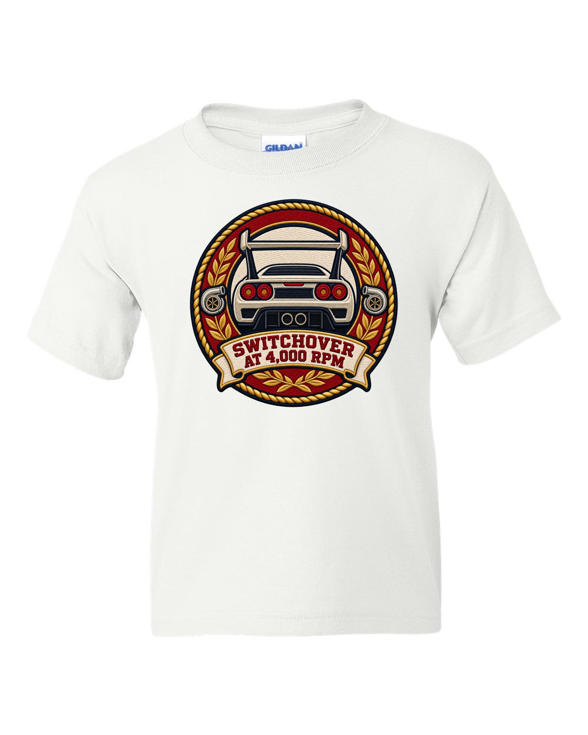 Varsity crest design for the Toyota Supra A80 JZA80 twin turbo white kids tee front view with the design