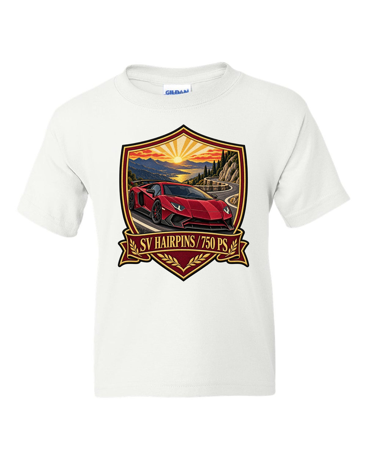 Embroidery-style shield crest of a Lamborghini Aventador LP750-4 SV on a golden hour hairpin white kids tee front view with the design