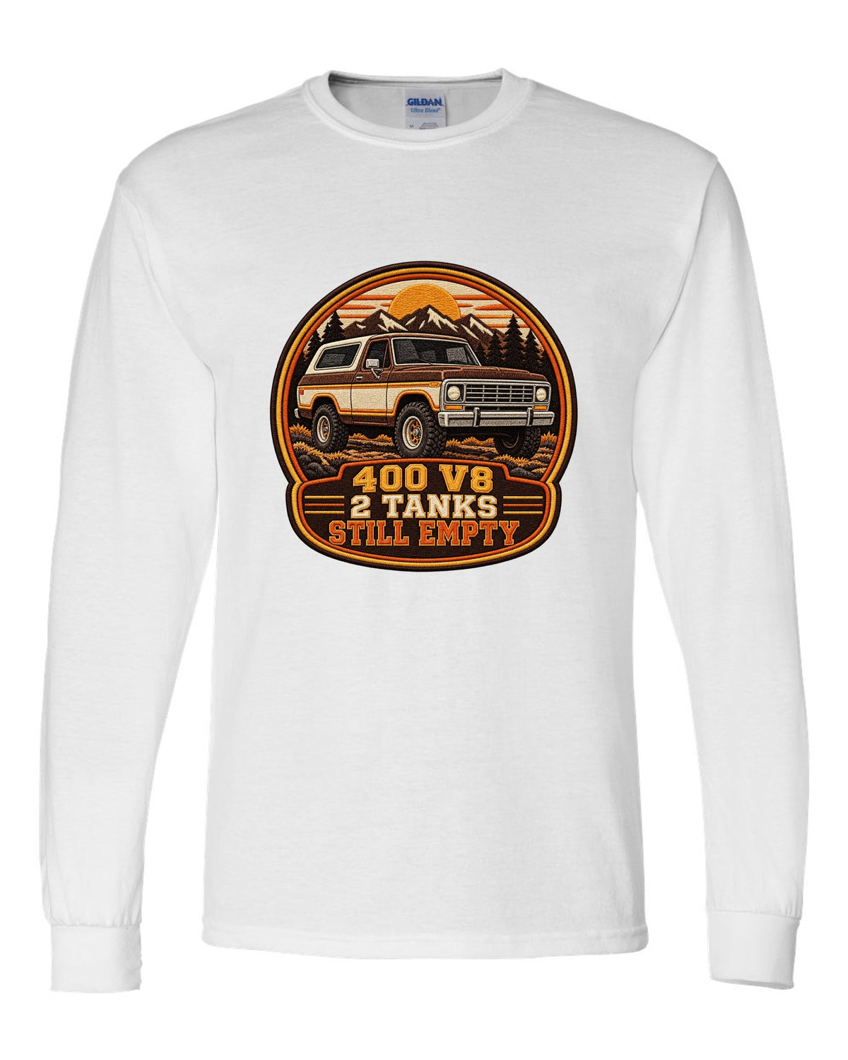 Varsity crest print for a 1978-79 full-size Ford Bronco with 400 V8 and two tanks text white long sleeve front view with the design