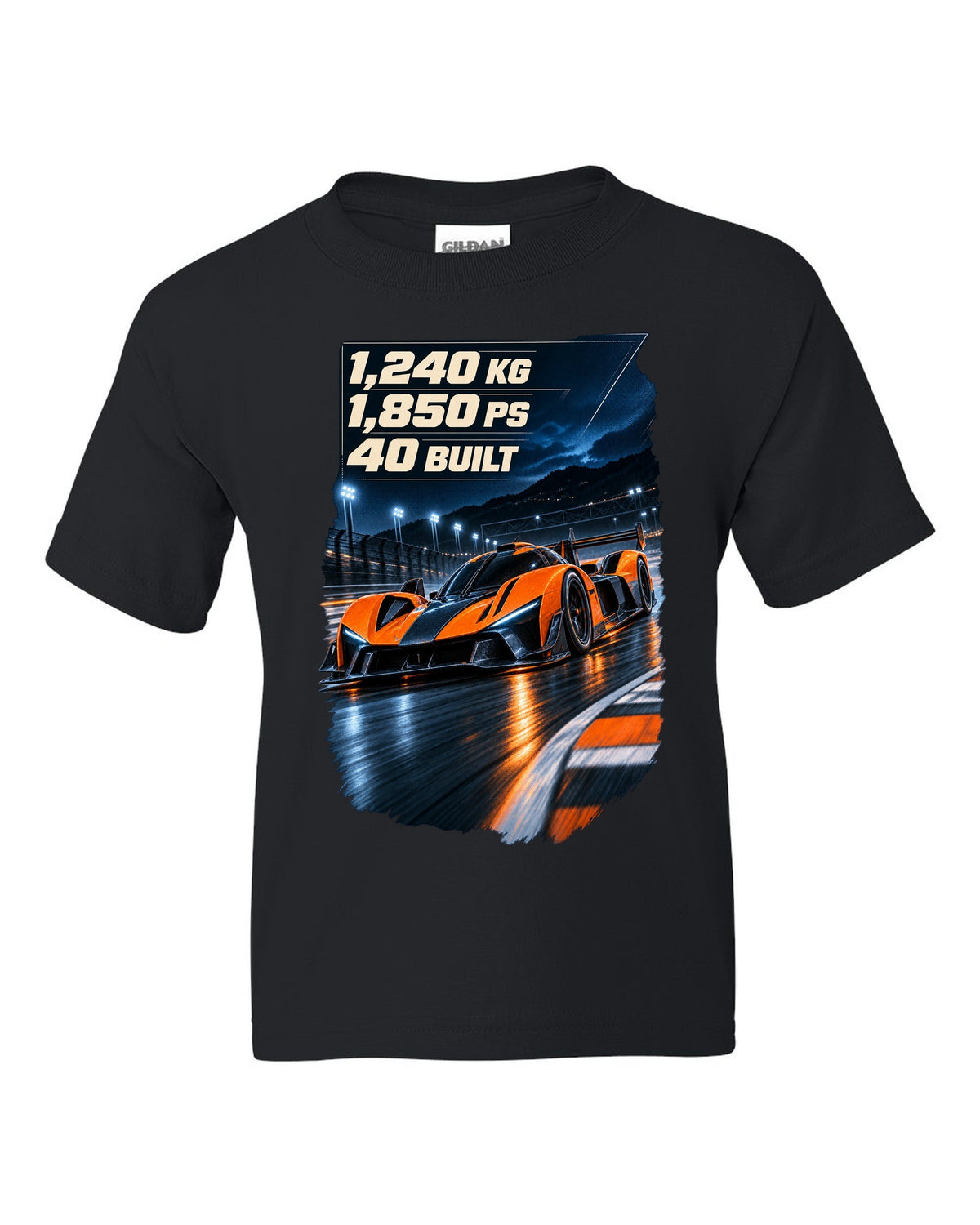 Bugatti Bolide track car at night print with weight and power figures black kids tee front view with the design