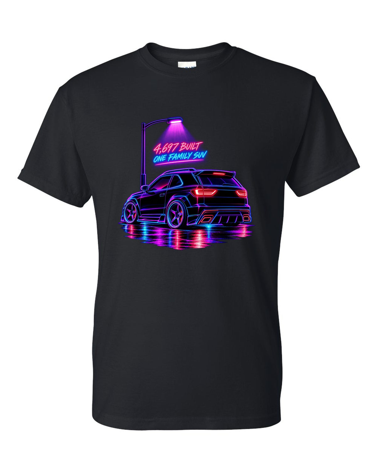 Neon synthwave line art print of a 1992-93 GMC Typhoon taillight with 4,697 built lettering black t-shirt front view with the design