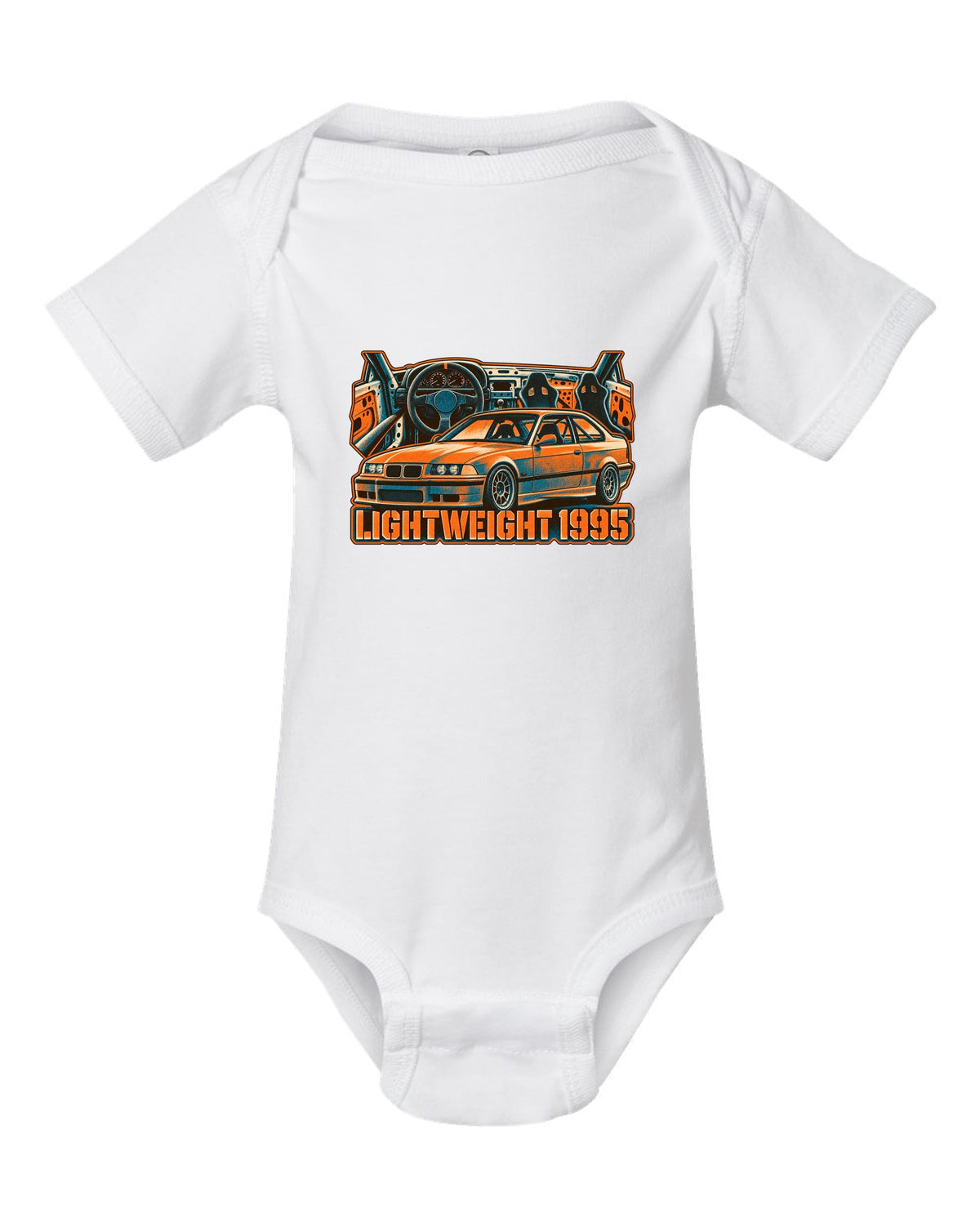 Watercolour wet-road night illustration of a BMW E36 M3 coupe in a garage with coolant flange fund text white baby onesie front view with the design