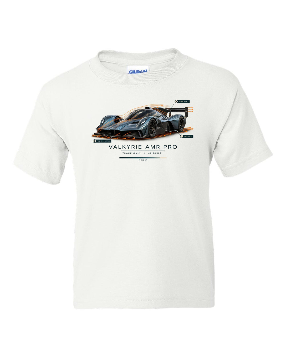 Aston Martin Valkyrie AMR Pro 2022 airflow cutaway print with track only 40 built text white kids tee front view with the design