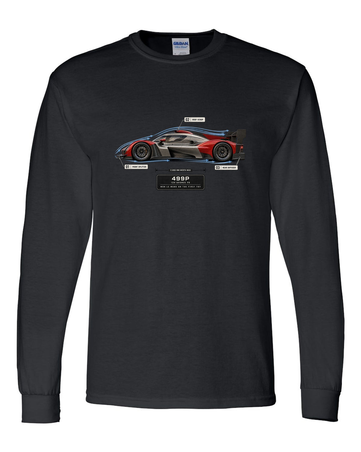 Ferrari 499P Le Mans Hypercar aero callout print with 120-degree V6 black long sleeve front view with the design