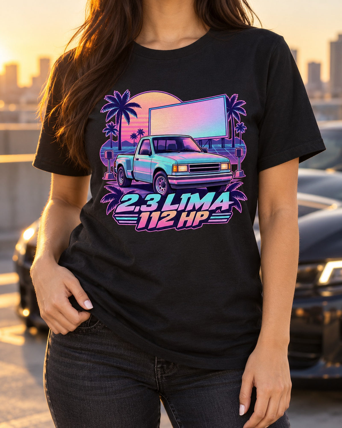 Ford Ranger 1995 Stepside Vaporwave Drive-In print Shirt T-Shirt Black worn hero