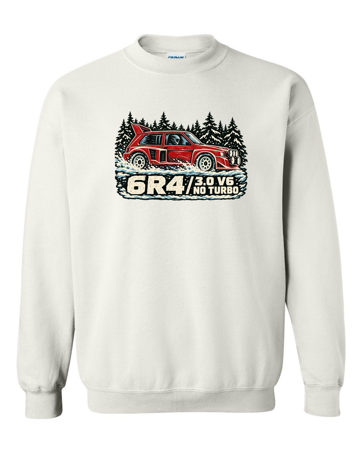 Linocut style print of an MG Metro 6R4 with 3.0 V6 and no turbo lettering white crewneck front view with the design