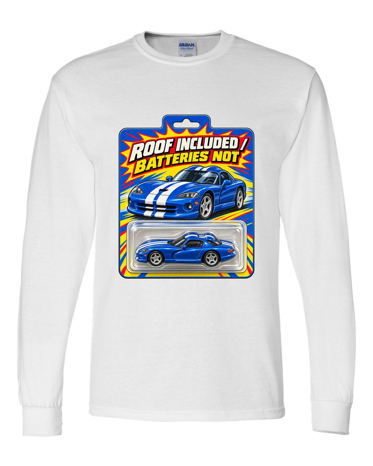 Toy blister-card layout featuring a 1996 Dodge Viper GTS SR II with roof included joke text white long sleeve front view with the design