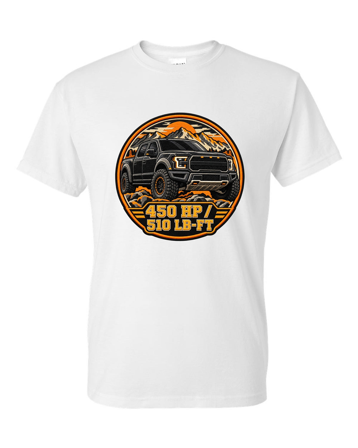 Varsity crest print for a 2017-20 Gen 2 Ford F-150 Raptor P552 with 450 hp text white t-shirt front view with the design