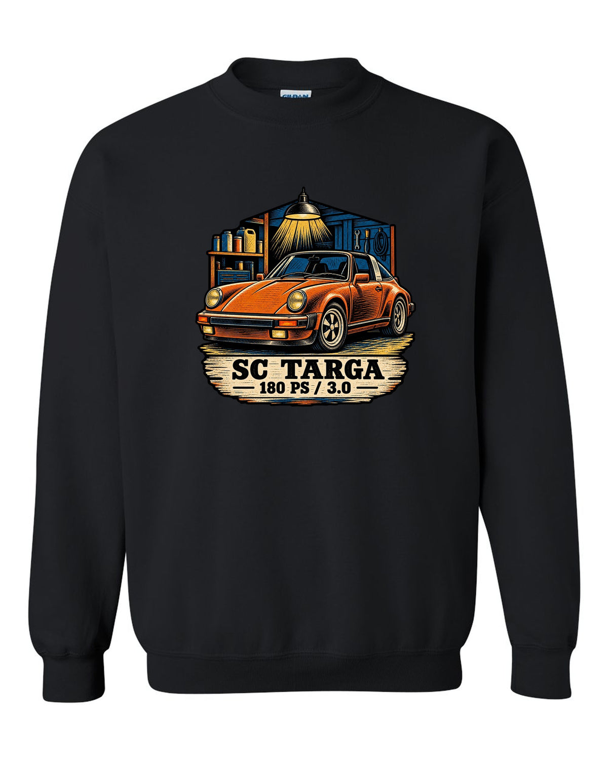 Blueprint line art print of a Porsche 356 A 1.6 L flat-four engine with the text 1600, 60 HP and fan on top black crewneck front view with the design