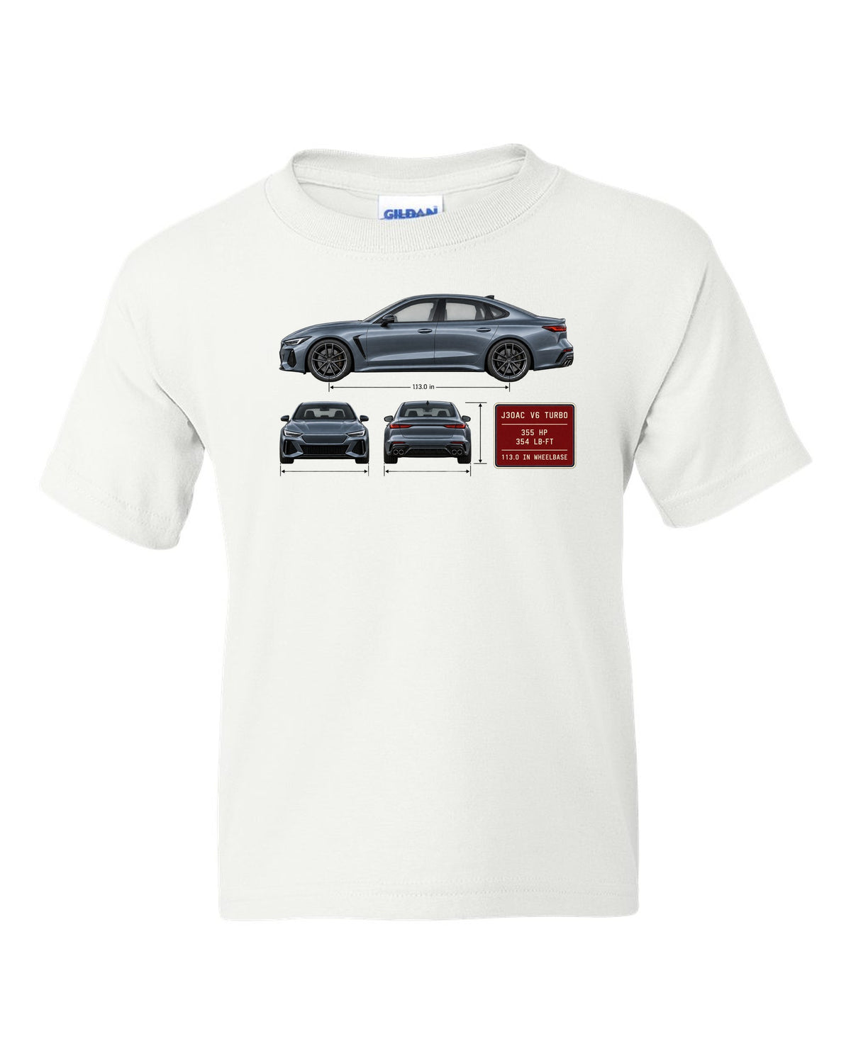 Acura TLX Type S three-view spec table print white kids tee front view with the design