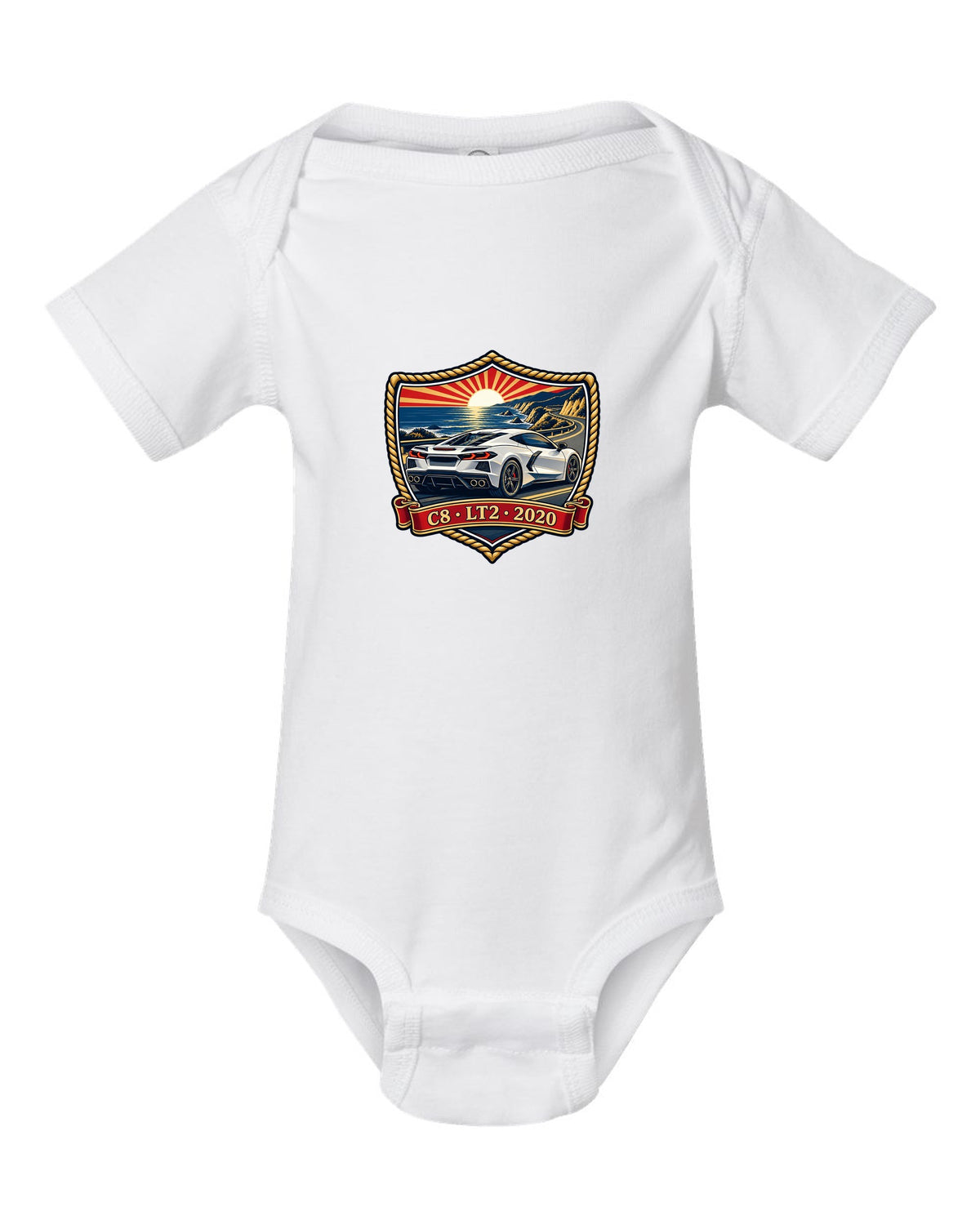 Shield crest design of a 2020 C8 mid-engine Corvette Stingray white baby onesie front view with the design
