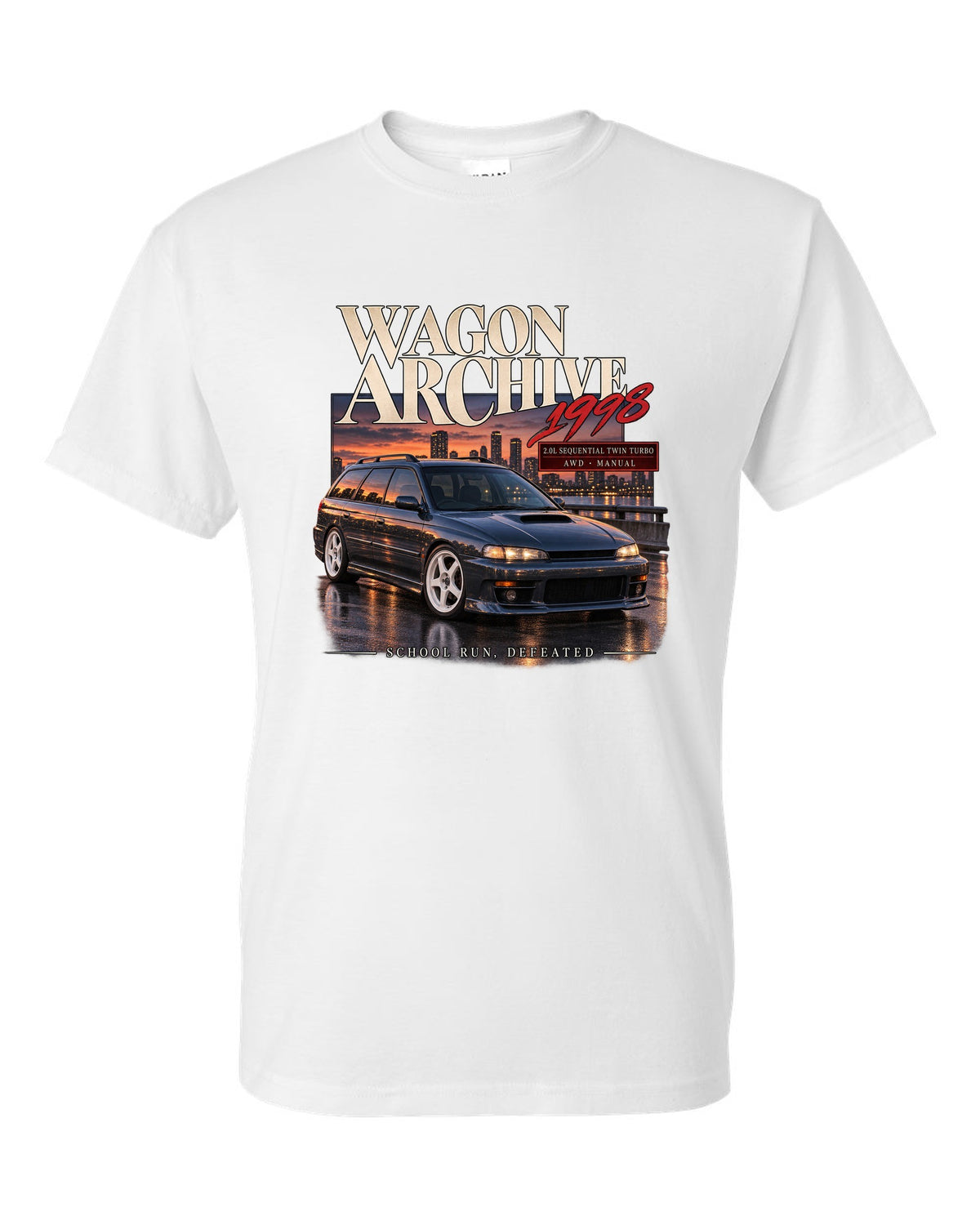 Wagon archive print for the Subaru Legacy GT-B BH5 reading 2.0L sequential twin turbo, school run, defeated white t-shirt front view with the design