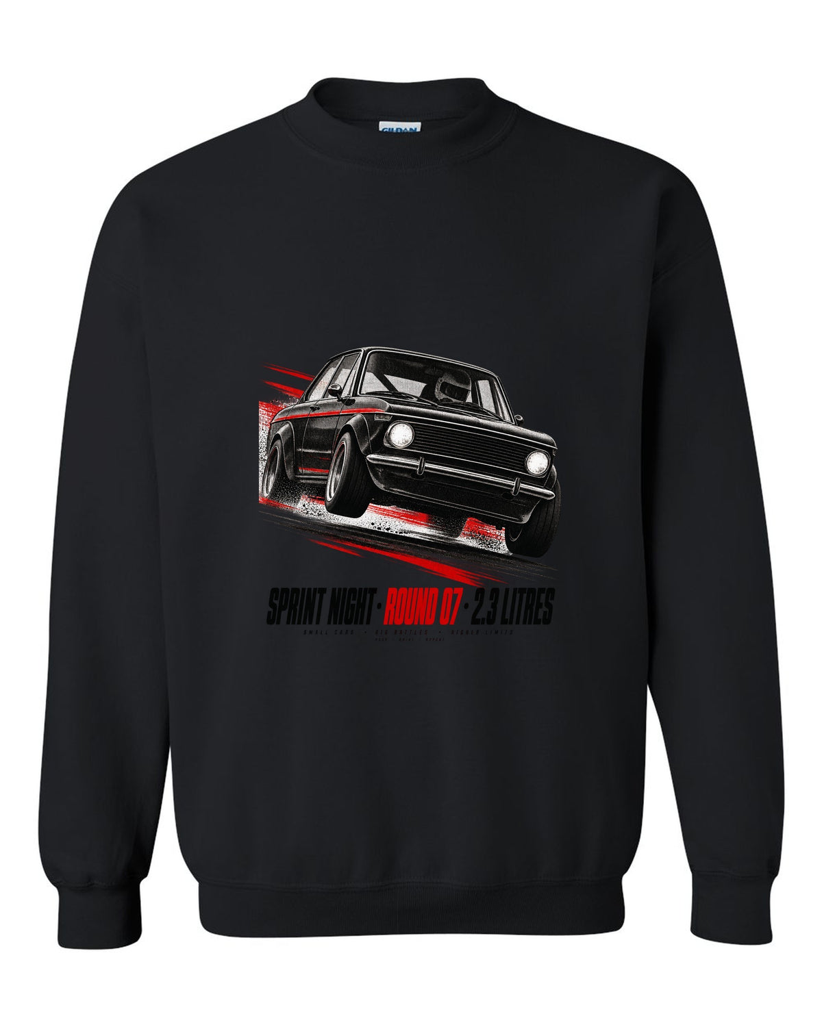 BMW E30 M3 race poster print titled Sprint Night Round 07 with 2.3 litres text black crewneck front view with the design