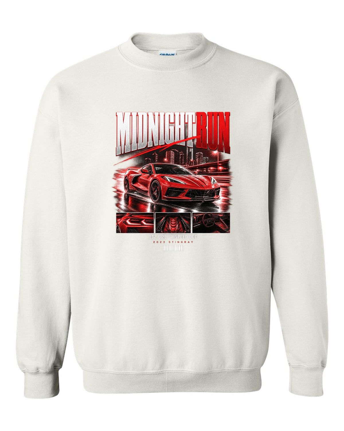 Corvette C8 Stingray 2023 widebody street poster Midnight Run white crewneck front view with the design