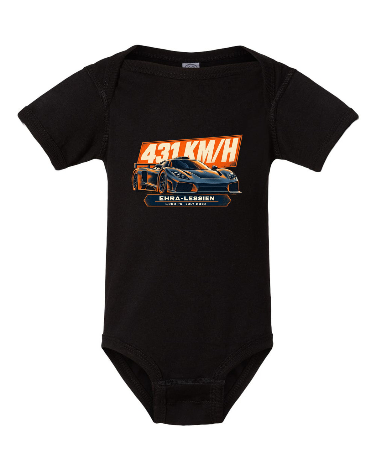 Halftone poster-style Bugatti Veyron 16.4 Super Sport with record-run text on the front of a tee black baby onesie front view with the design
