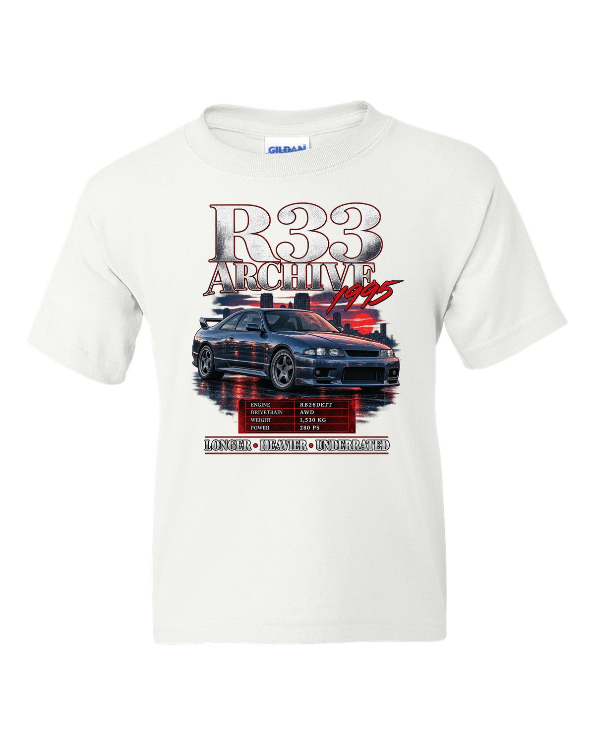Archive panel print of a Nissan Skyline GT-R R33 BCNR33 with spec lettering white kids tee front view with the design