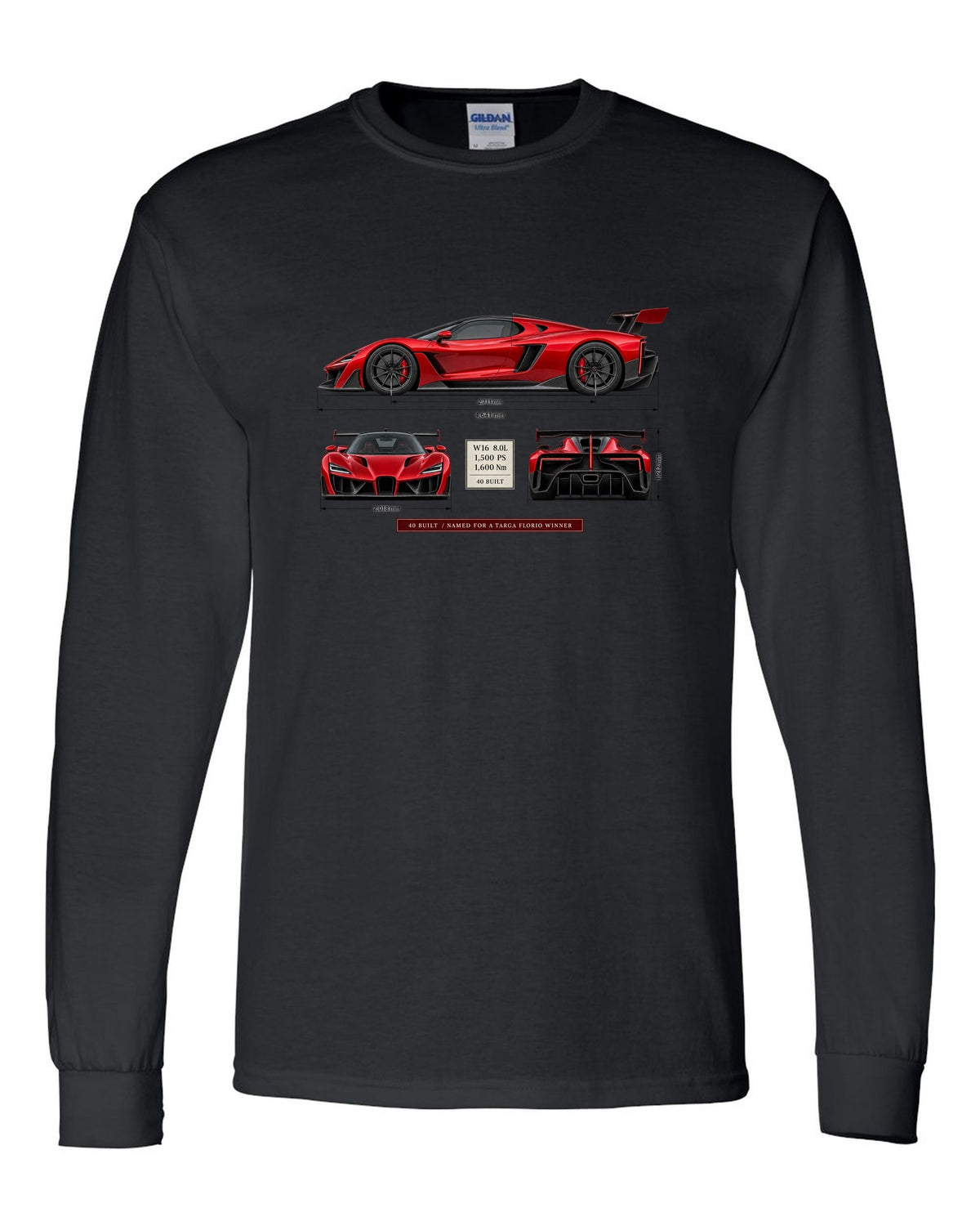 Bugatti Divo three-view print with spec table, 40 built black long sleeve front view with the design