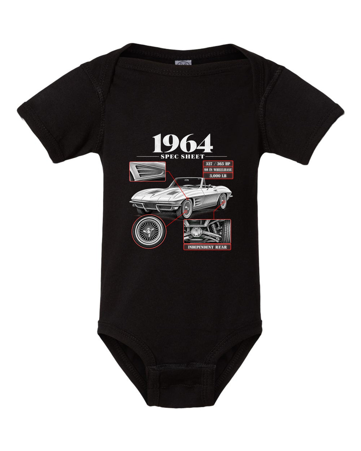 Chevrolet Corvette C2 Sting Ray 1964 convertible spec sheet print black baby onesie front view with the design