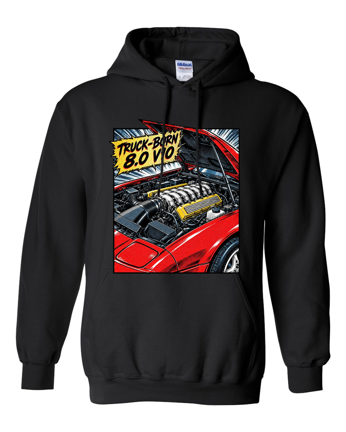Retro manga halftone panel of a 1993 Dodge Viper RT/10 SR I with 8.0 V10 caption black pull over hoodie front view with the design