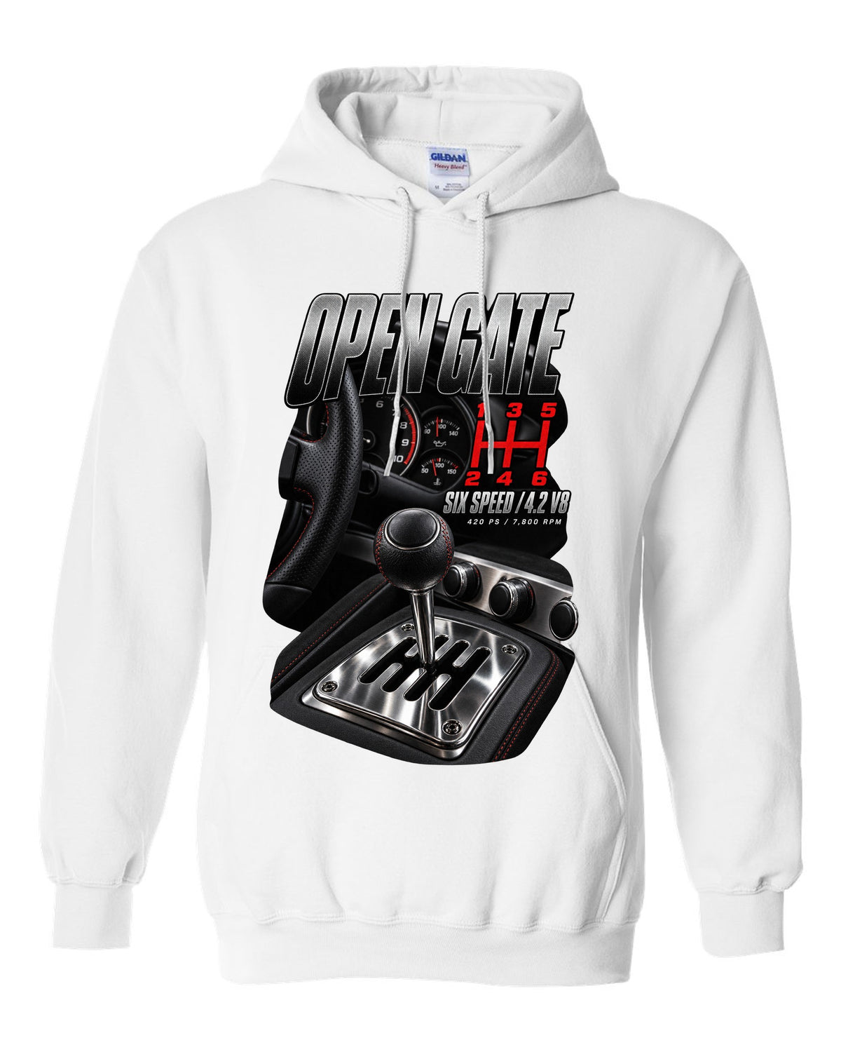 Audi R8 Type 42 V8 open gate six-speed shifter macro design white pull over hoodie front view with the design
