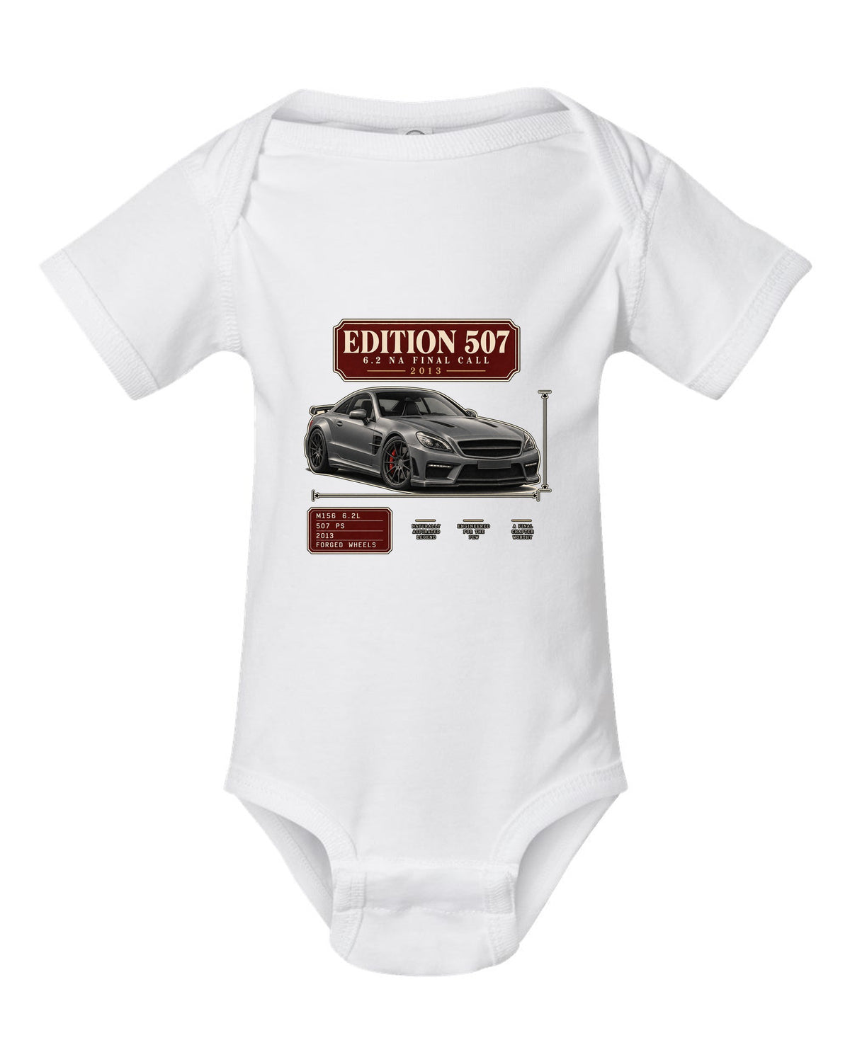 Archive panel print of a matte grey Mercedes-AMG C63 Edition 507 C204 white baby onesie front view with the design