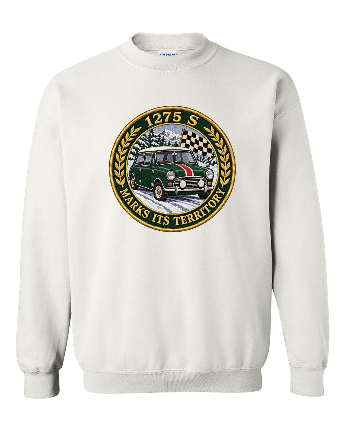 Embroidery style varsity crest for a Mini Cooper S Mk1 with 1275 S marks its territory white crewneck front view with the design