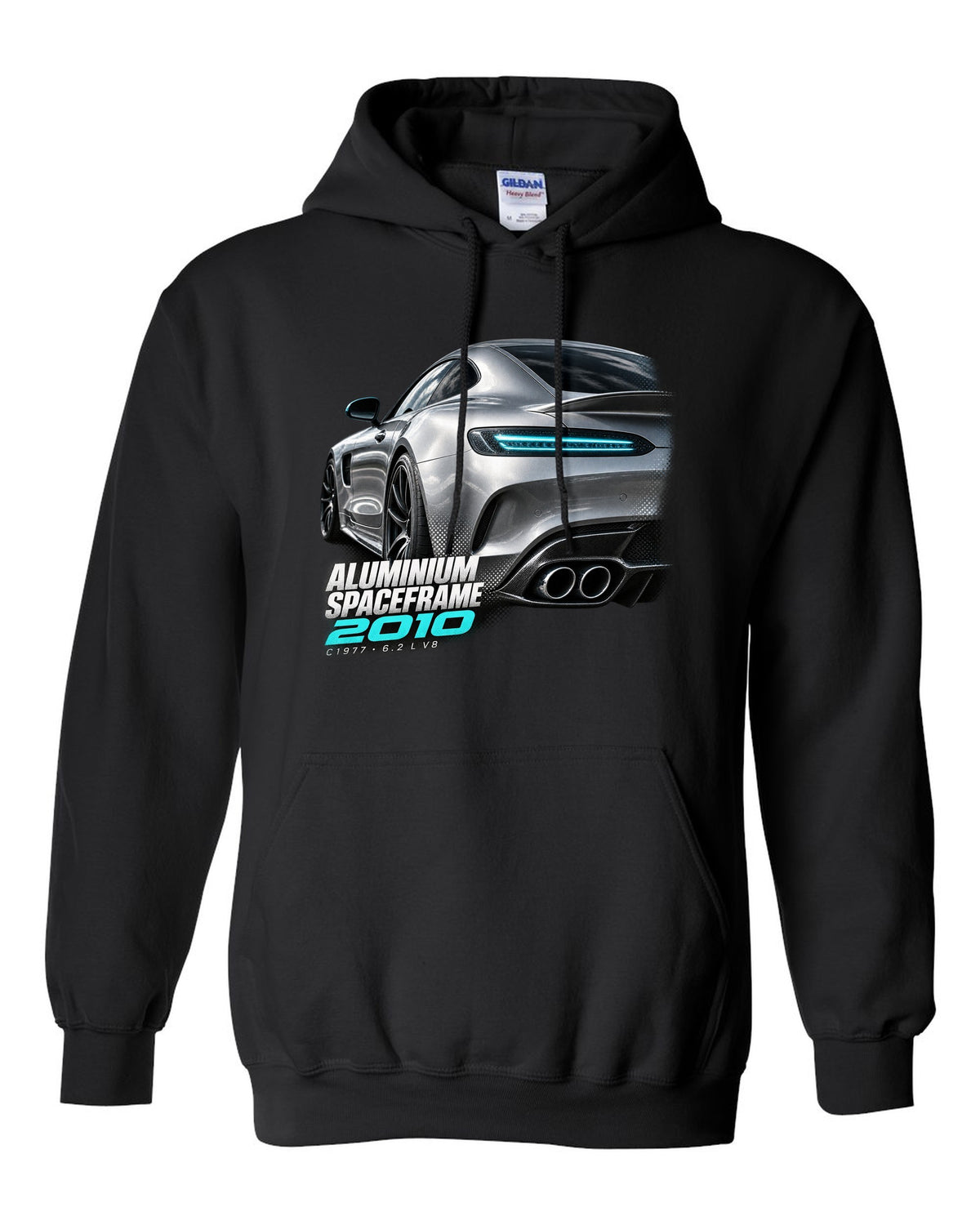 Taillight macro print of a Mercedes SLS AMG C197 with Aluminium Spaceframe 2010 lettering black pull over hoodie front view with the design