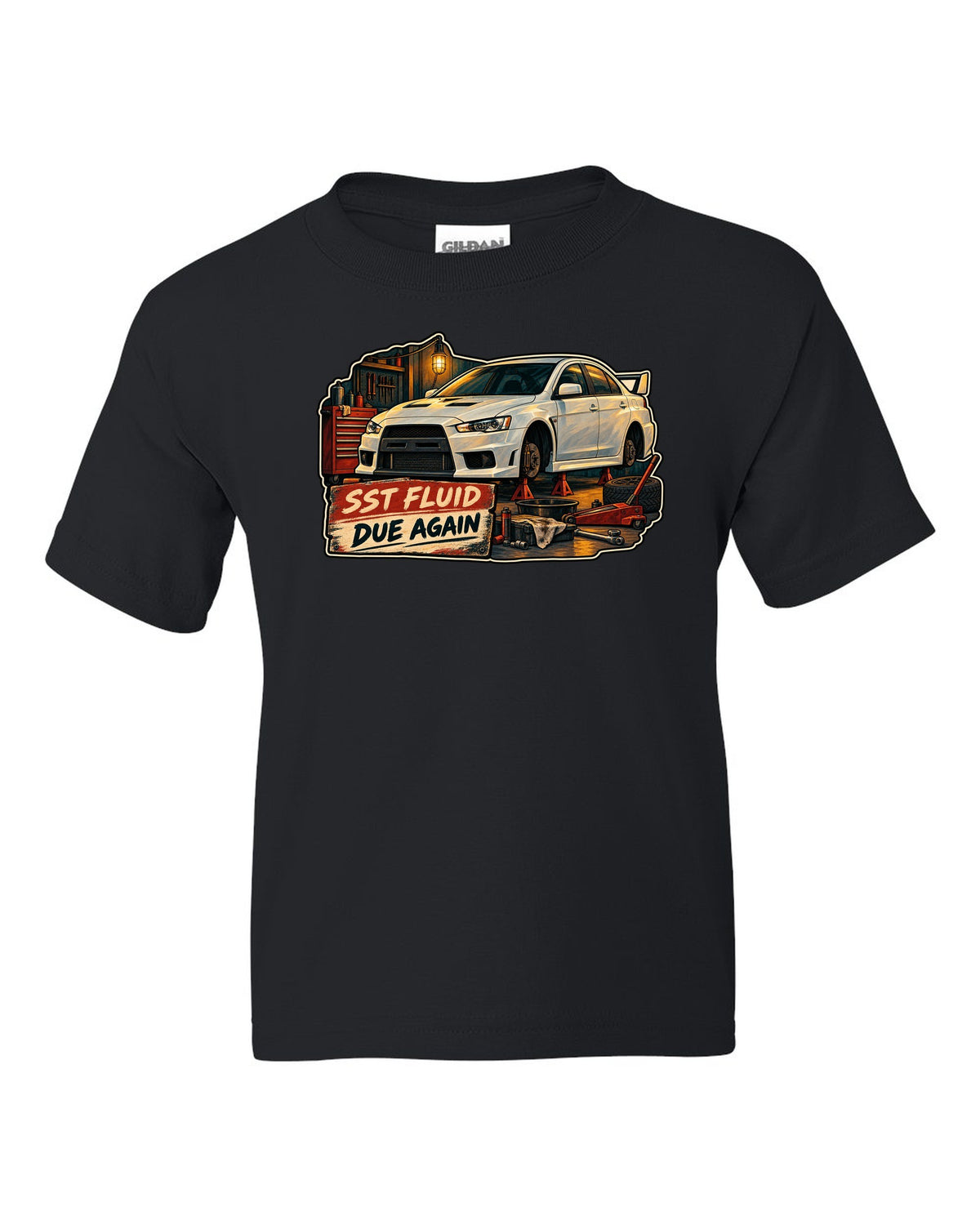 Gouache garage illustration print of the Mitsubishi Evo X CZ4A with SST fluid due again text black kids tee front view with the design