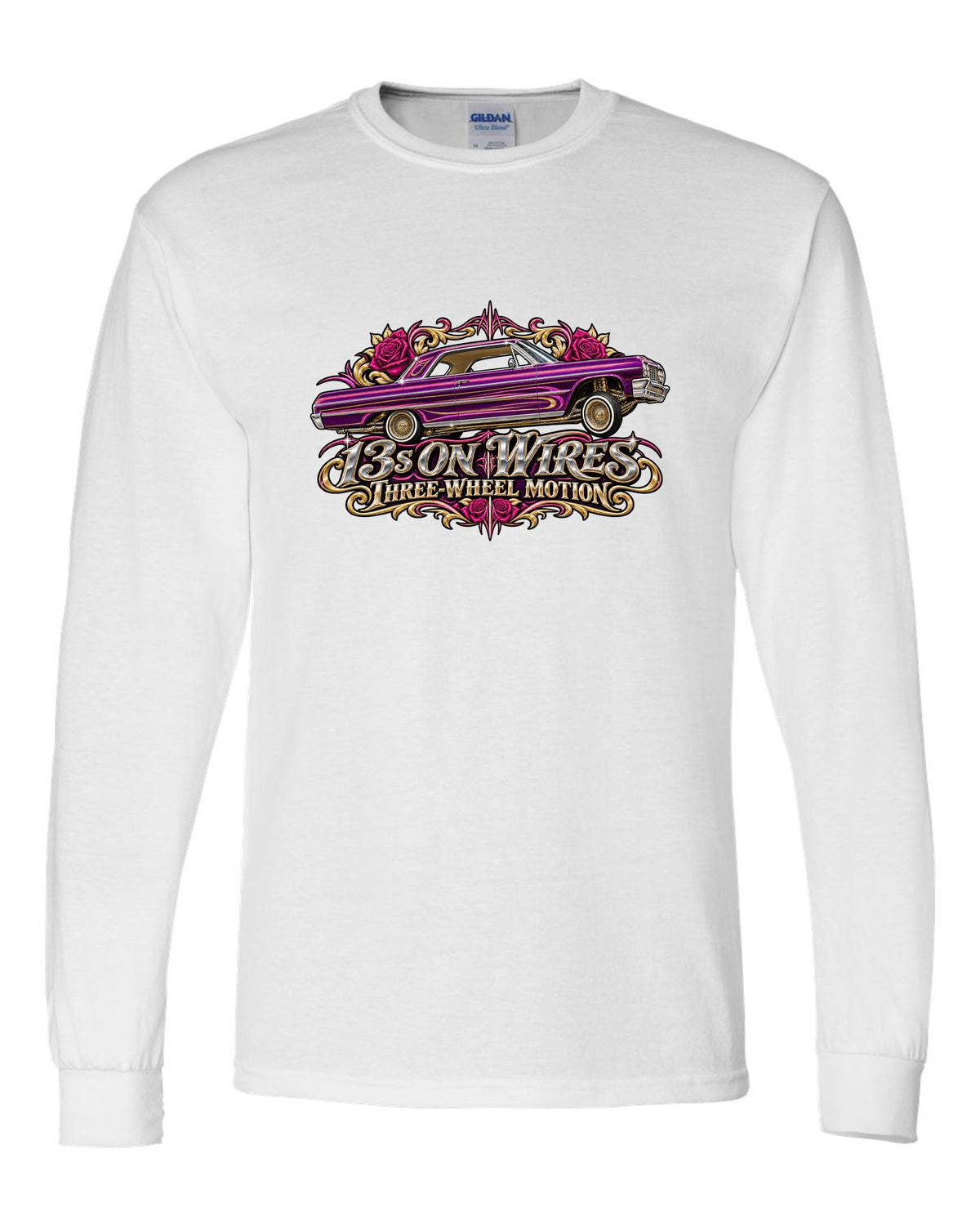 1964 Chevrolet Impala SS lowrider in airbrush style with text 13s on Wires Three-Wheel Motion white long sleeve front view with the design