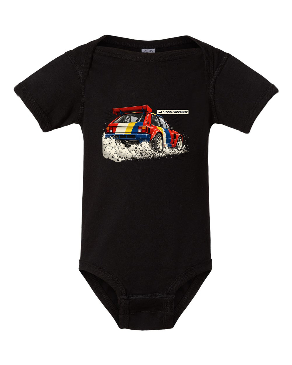 Retro manga halftone panel of the rear of a Lancia Delta S4 with twincharged lettering black baby onesie front view with the design