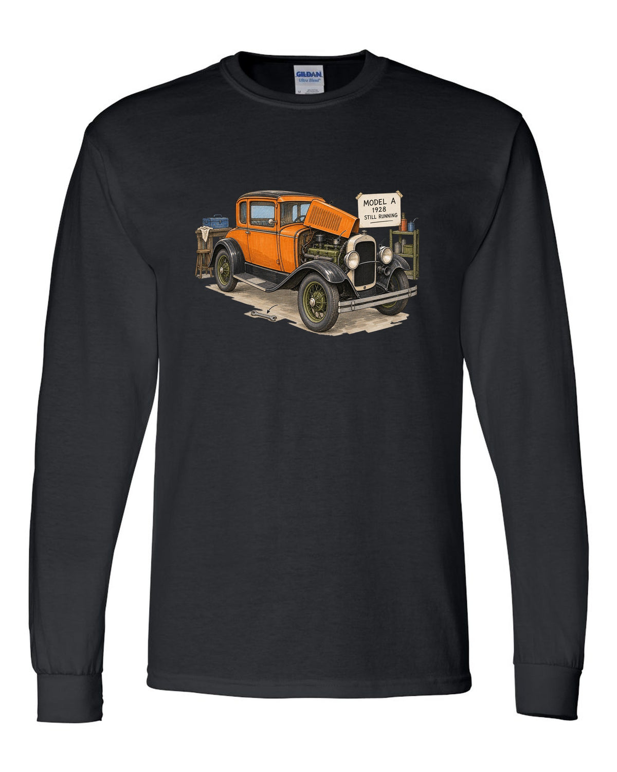 Ink and marker sketch of a 1928 Ford Model A coupe with still running lettering black long sleeve front view with the design