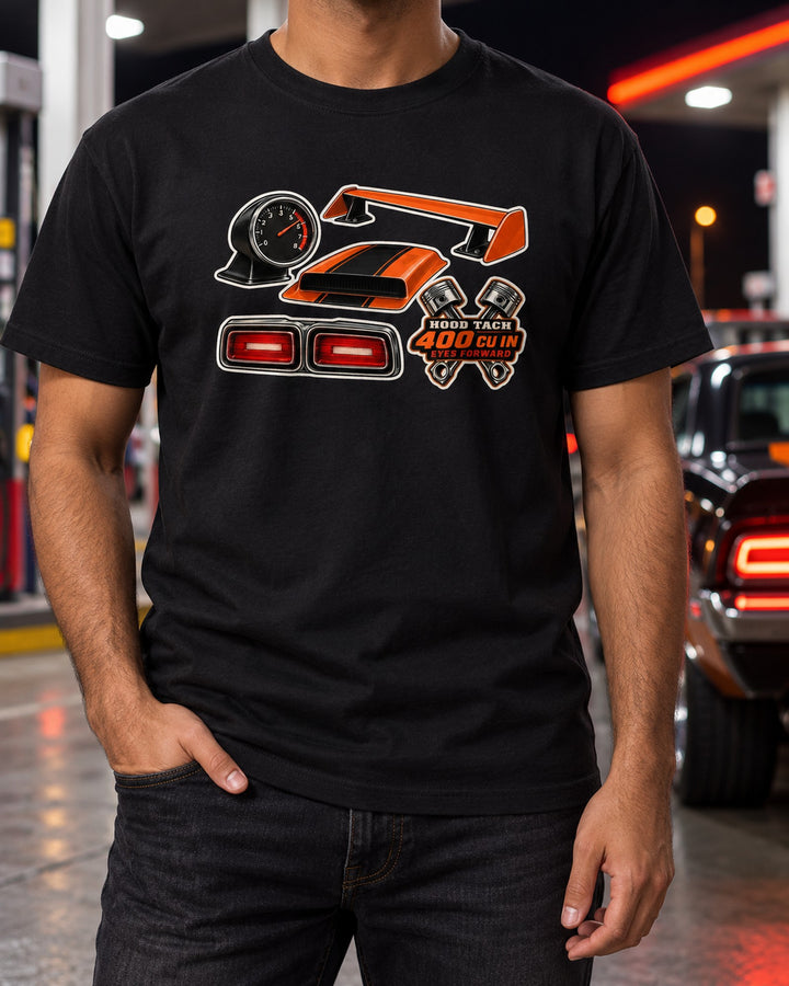 Pontiac GTO 1969 Hood Tach and Wing Sticker Collage Tee T-Shirt Black worn hero