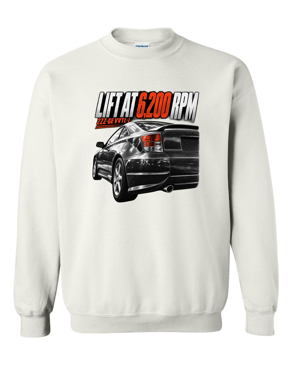 Taillight macro print of a Toyota Celica T230 ZZT231 with Lift At 6,200 RPM and 2ZZ-GE VVTL-i text white crewneck front view with the design