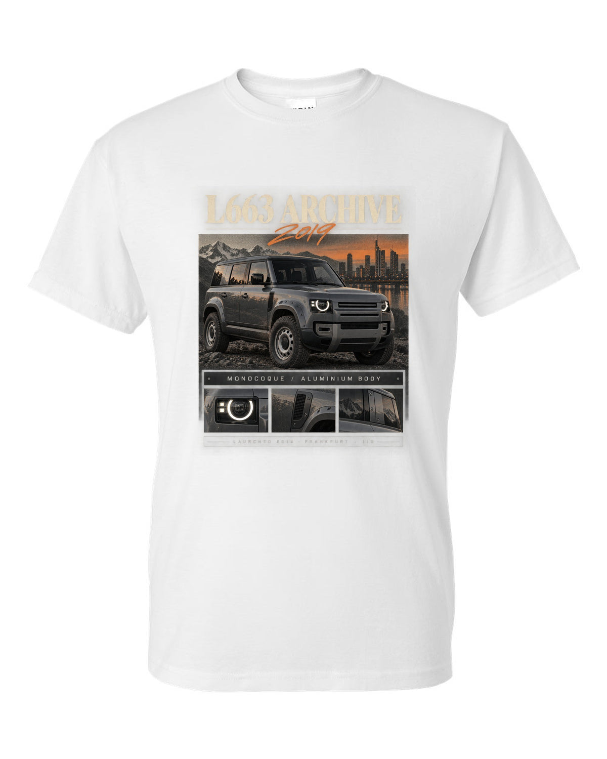 Land Rover Defender L663 110 archive panel print with 2019 Frankfurt text white t-shirt front view with the design