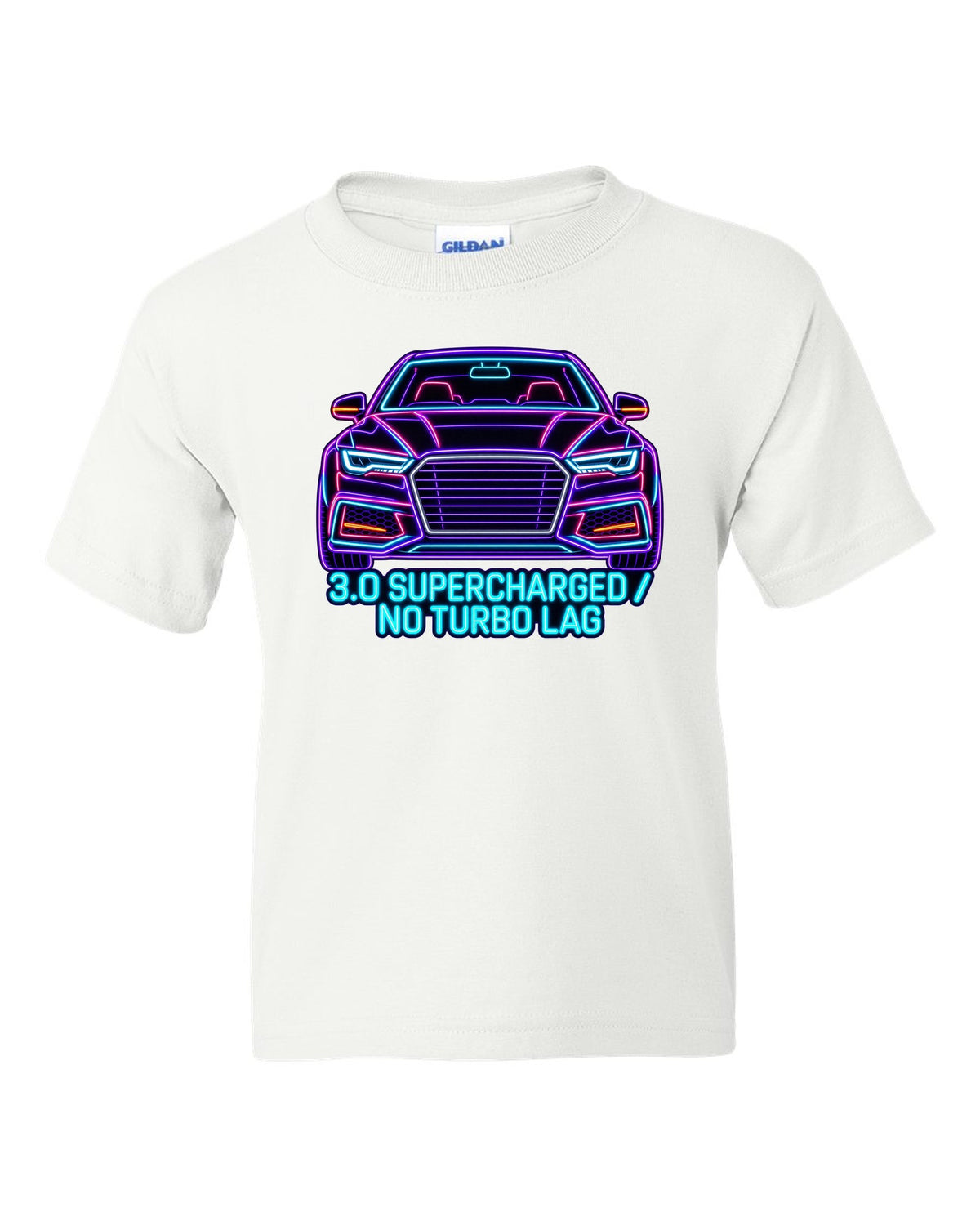 Neon sign line art print of an Audi S4 B8 with 3.0 Supercharged text white kids tee front view with the design