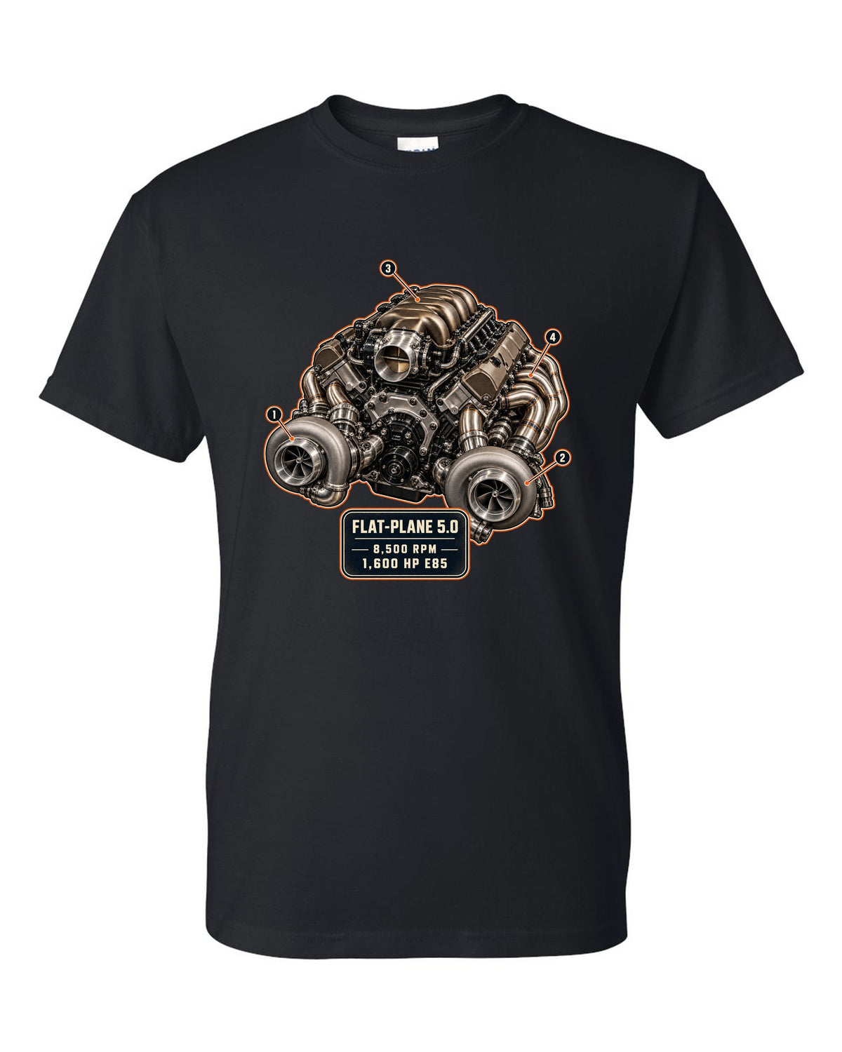 Engine hero illustration of the Koenigsegg Jesko 5.0 litre twin-turbo flat-plane V8, print black t-shirt front view with the design