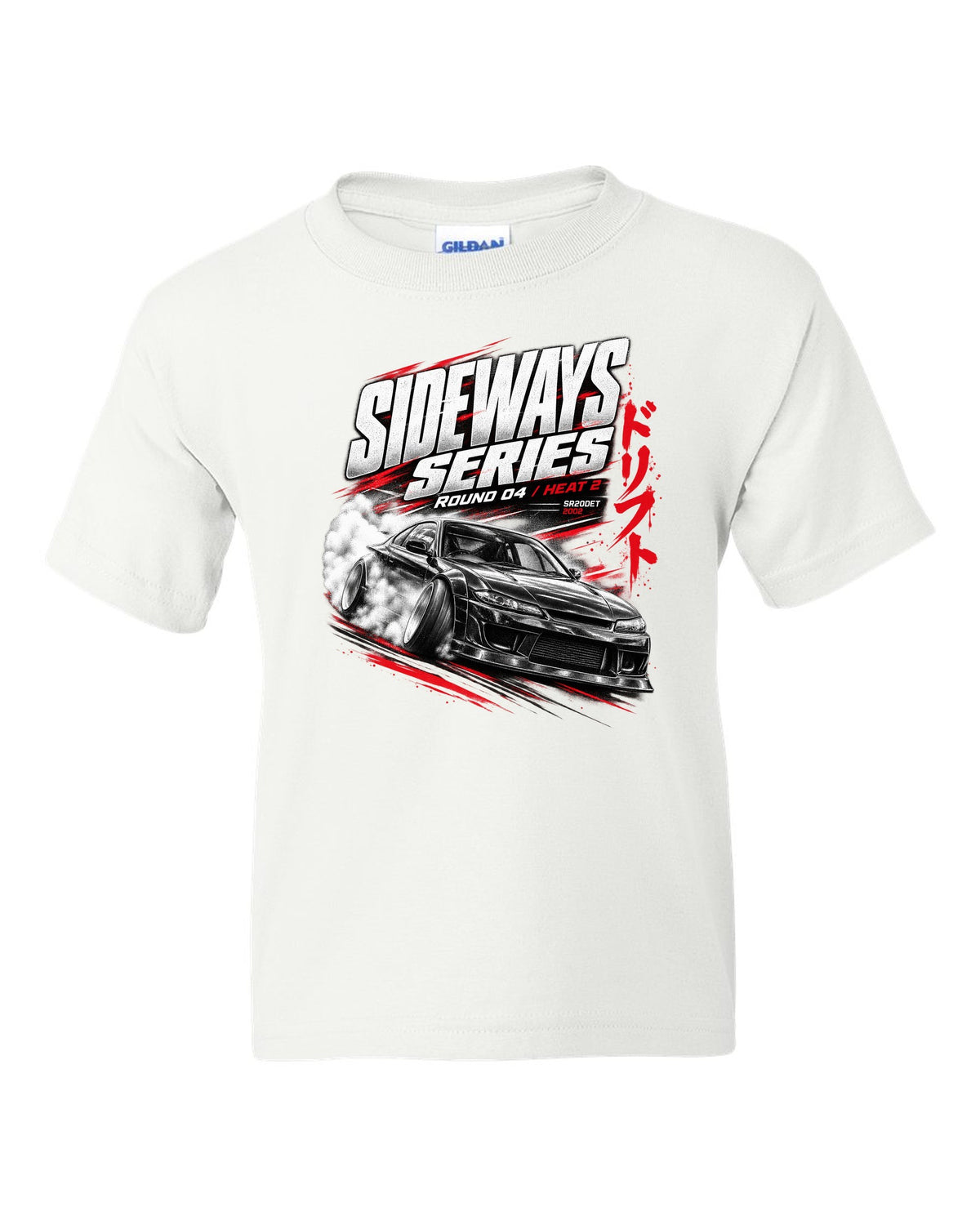 Race poster print of a Nissan Silvia S15 with Sideways Series Round 04 lettering white kids tee front view with the design